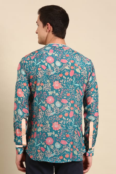 Shop_Mayank Modi - Men_Blue Muslin Floral Digital Print Shirt _at_Aza_Fashions