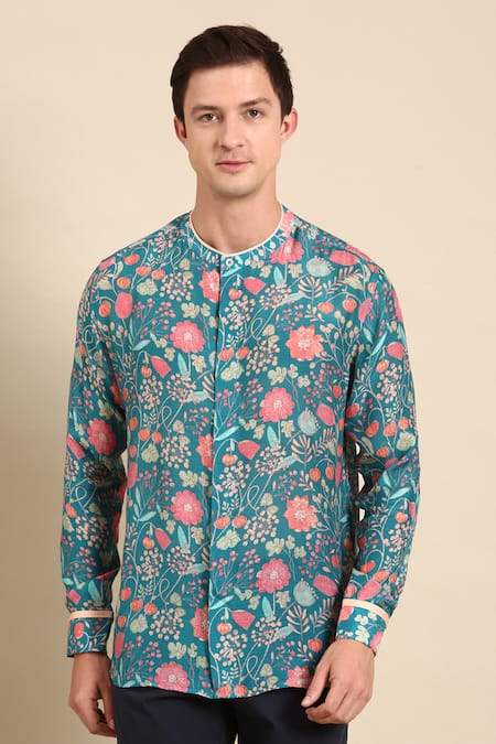 Mayank Modi - Men_Blue Muslin Floral Digital Print Shirt _Online_at_Aza_Fashions