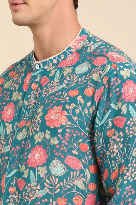 Buy_Mayank Modi - Men_Blue Muslin Floral Digital Print Shirt _Online_at_Aza_Fashions