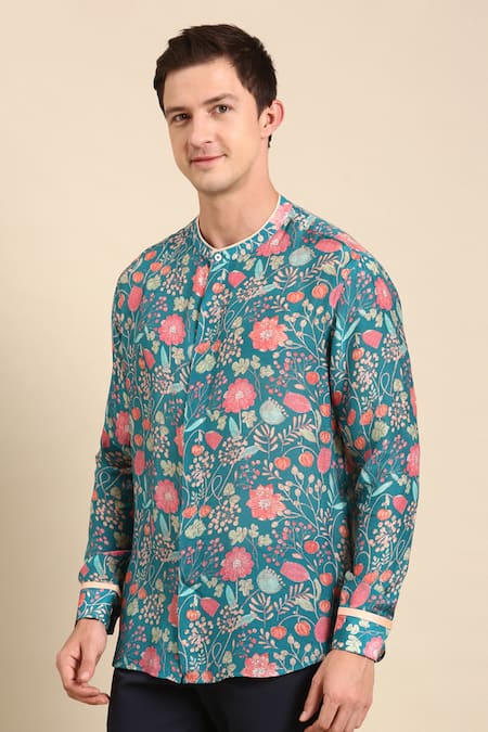 Shop_Mayank Modi - Men_Blue Muslin Floral Digital Print Shirt _Online_at_Aza_Fashions