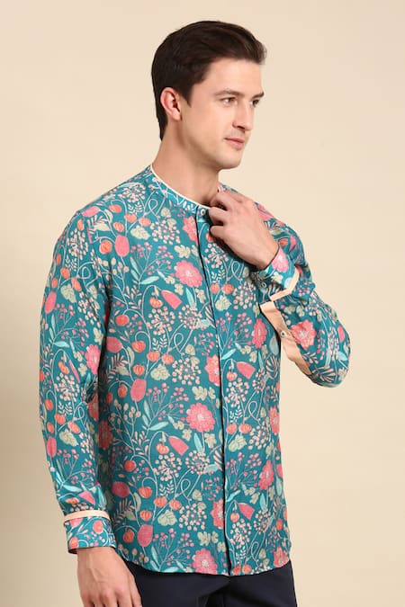 Mayank Modi - Men_Blue Muslin Floral Digital Print Shirt _at_Aza_Fashions