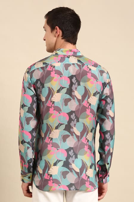 Shop_Mayank Modi - Men_Blue Muslin Botanical Print Shirt _at_Aza_Fashions