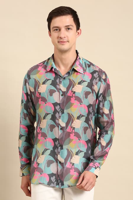 Mayank Modi - Men_Blue Muslin Botanical Print Shirt _Online_at_Aza_Fashions
