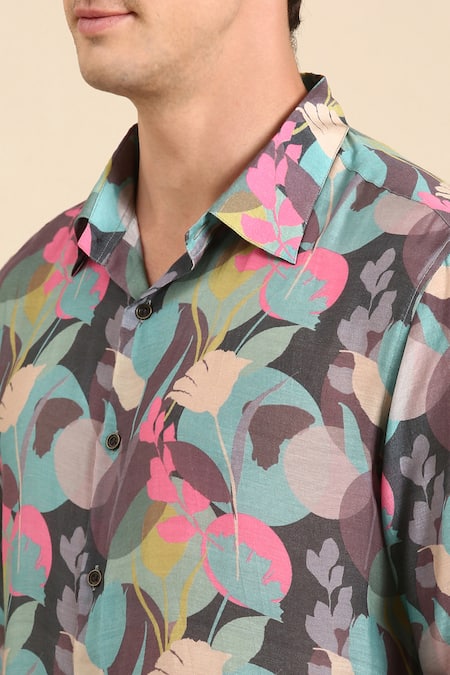 Buy_Mayank Modi - Men_Blue Muslin Botanical Print Shirt _Online_at_Aza_Fashions