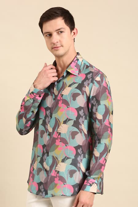 Shop_Mayank Modi - Men_Blue Muslin Botanical Print Shirt _Online_at_Aza_Fashions