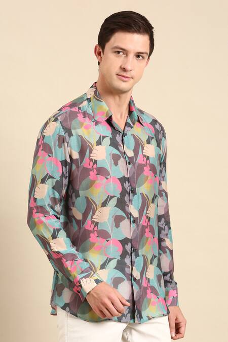 Mayank Modi - Men_Blue Muslin Botanical Print Shirt _at_Aza_Fashions