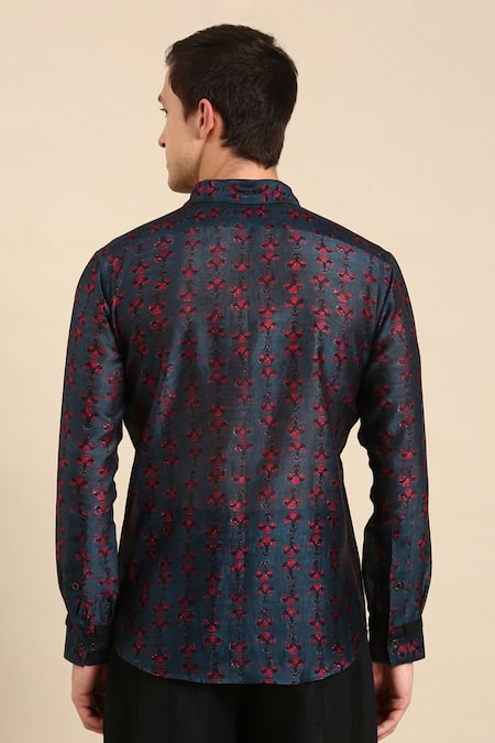 Shop Mayank Modi - Men Blue Chanderi, Linen Digital Print Shirt at Aza Fashions Shop_Mayank Modi - Men_Blue Chanderi, Linen Digital Print Shirt _at_Aza_Fashions