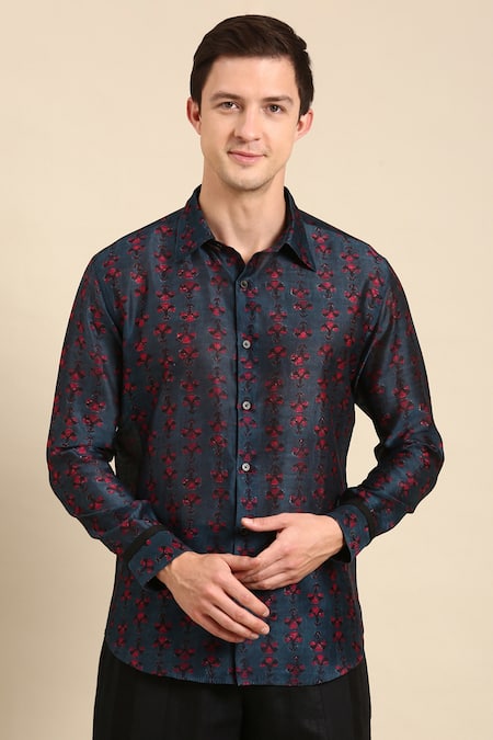 Mayank Modi - Men Blue Chanderi, Linen Digital Print Shirt Online at Aza Fashions Mayank Modi - Men_Blue Chanderi, Linen Digital Print Shirt _Online_at_Aza_Fashions