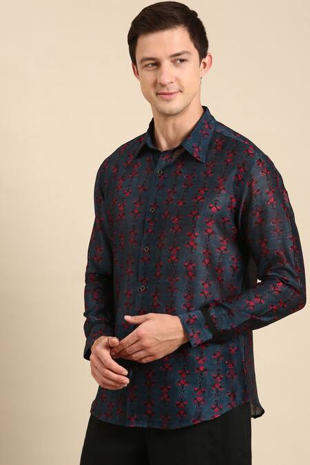 Shop Mayank Modi - Men Blue Chanderi, Linen Digital Print Shirt Online at Aza Fashions Shop_Mayank Modi - Men_Blue Chanderi, Linen Digital Print Shirt _Online_at_Aza_Fashions