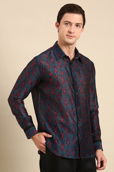 Mayank Modi - Men Blue Chanderi, Linen Digital Print Shirt at Aza Fashions Mayank Modi - Men_Blue Chanderi, Linen Digital Print Shirt _at_Aza_Fashions