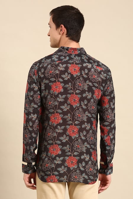 Shop_Mayank Modi - Men_Grey Muslin Embroidery Chanderi Floral Print Shirt _at_Aza_Fashions