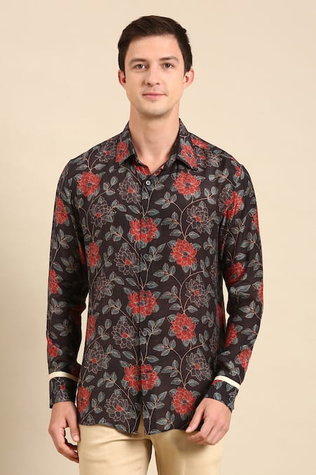 Mayank Modi - Men_Grey Muslin Embroidery Chanderi Floral Print Shirt _Online_at_Aza_Fashions