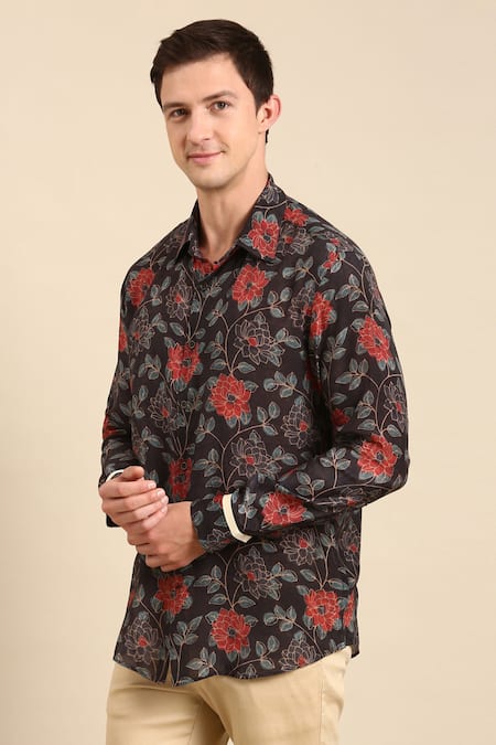 Shop_Mayank Modi - Men_Grey Muslin Embroidery Chanderi Floral Print Shirt _Online_at_Aza_Fashions