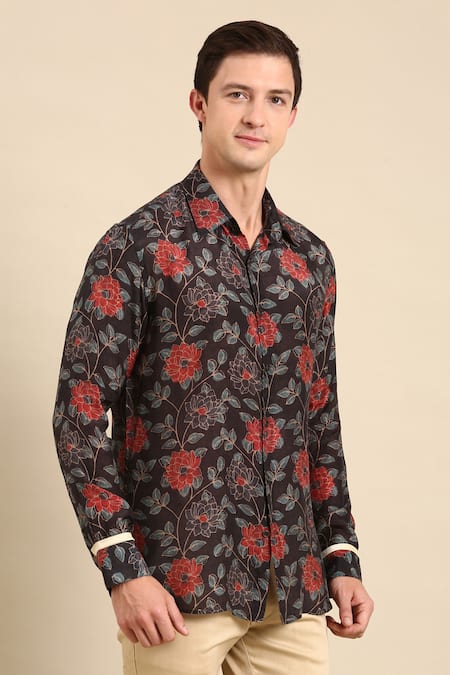Mayank Modi - Men_Grey Muslin Embroidery Chanderi Floral Print Shirt _at_Aza_Fashions