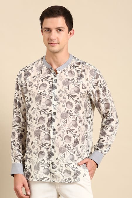 Mayank Modi - Men White Muslin Digital Print Shirt Online at Aza Fashions Mayank Modi - Men_White Muslin Digital Print Shirt _Online_at_Aza_Fashions