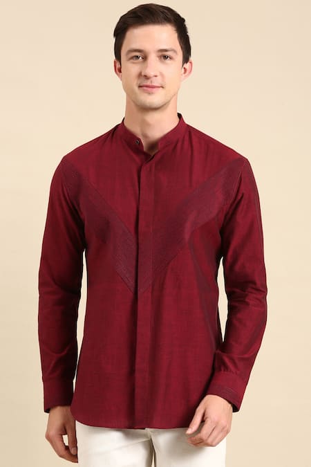 Mayank Modi - Men_Maroon Cotton Mandarin Collar Full Sleeve Shirt For Kids_Online_at_Aza_Fashions