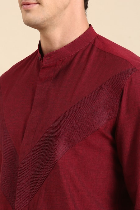 Buy_Mayank Modi - Men_Maroon Cotton Mandarin Collar Full Sleeve Shirt For Kids_Online_at_Aza_Fashions