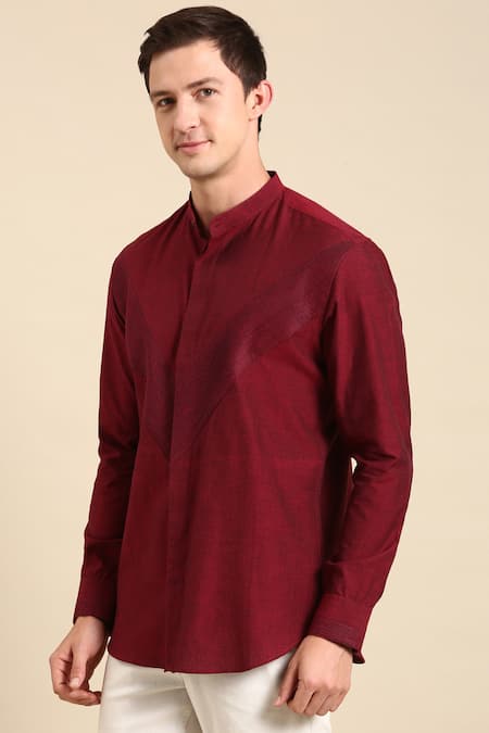 Shop_Mayank Modi - Men_Maroon Cotton Mandarin Collar Full Sleeve Shirt For Kids_Online_at_Aza_Fashions