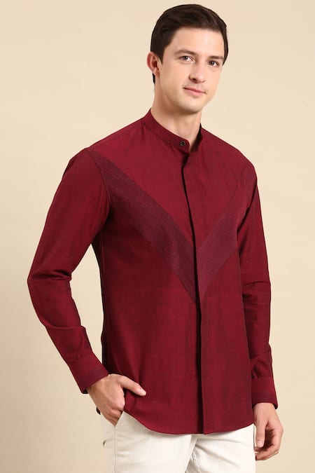 Mayank Modi - Men_Maroon Cotton Mandarin Collar Full Sleeve Shirt For Kids_at_Aza_Fashions