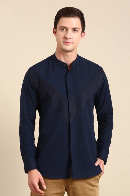 Mayank Modi - Men_Blue Cotton Full Sleeve Panelled Shirt _Online_at_Aza_Fashions