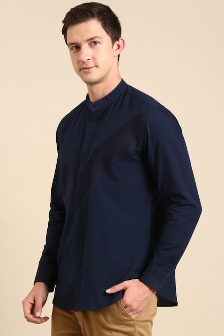 Shop_Mayank Modi - Men_Blue Cotton Full Sleeve Panelled Shirt _Online_at_Aza_Fashions