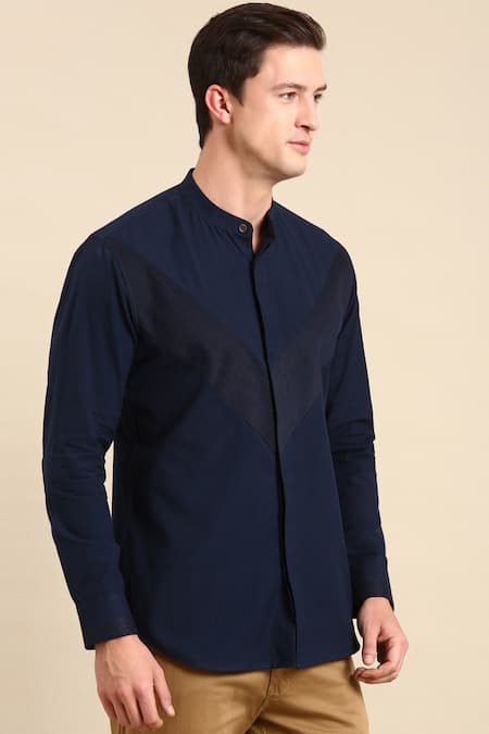 Mayank Modi - Men_Blue Cotton Full Sleeve Panelled Shirt _at_Aza_Fashions