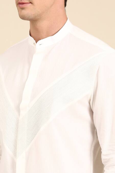 Buy_Mayank Modi - Men_White Cotton Stripe Panelled Shirt _Online_at_Aza_Fashions