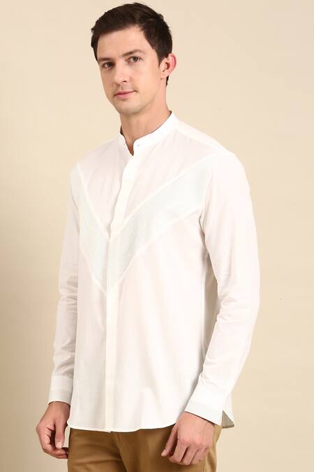 Shop_Mayank Modi - Men_White Cotton Stripe Panelled Shirt _Online_at_Aza_Fashions