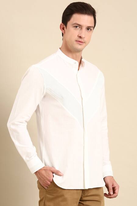 Mayank Modi - Men_White Cotton Stripe Panelled Shirt _at_Aza_Fashions