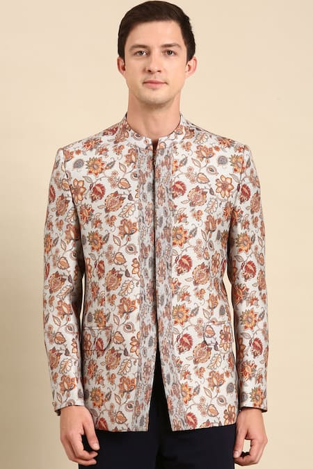 Mayank Modi - Men_Grey Muslin Embroidery Floral Print Bandhgala _Online_at_Aza_Fashions