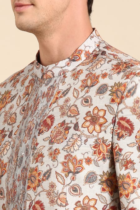 Buy_Mayank Modi - Men_Grey Muslin Embroidery Floral Print Bandhgala _Online_at_Aza_Fashions
