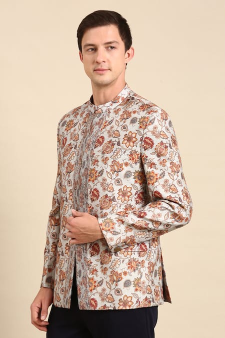 Shop_Mayank Modi - Men_Grey Muslin Embroidery Floral Print Bandhgala _Online_at_Aza_Fashions