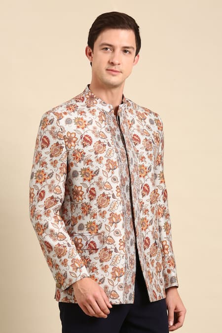Mayank Modi - Men_Grey Muslin Embroidery Floral Print Bandhgala _at_Aza_Fashions