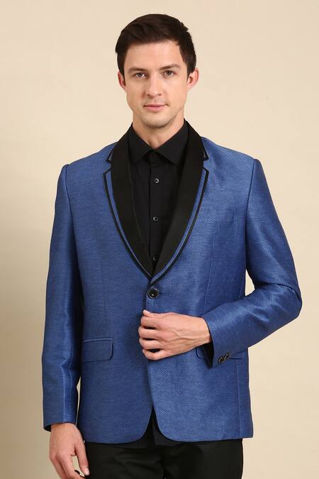 Mayank Modi - Men_Blue Silk, Linen Textured Lapel Collar Blazer For Kids_Online_at_Aza_Fashions