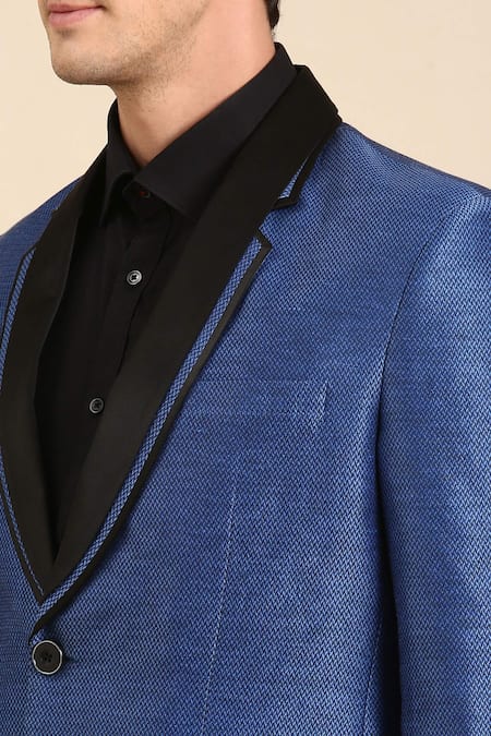 Buy_Mayank Modi - Men_Blue Silk, Linen Textured Lapel Collar Blazer For Kids_Online_at_Aza_Fashions