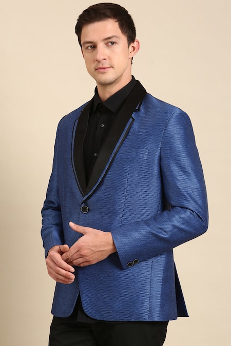 Shop_Mayank Modi - Men_Blue Silk, Linen Textured Lapel Collar Blazer For Kids_Online_at_Aza_Fashions