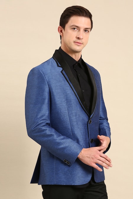 Mayank Modi - Men_Blue Silk, Linen Textured Lapel Collar Blazer For Kids_at_Aza_Fashions