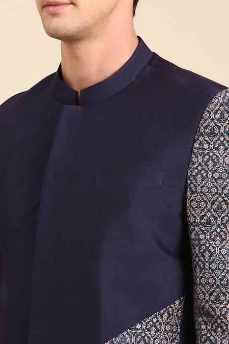 Buy_Mayank Modi - Men_Blue Linen, Cotton Embroidery Silk Panelled Bandhgala For Kids_Online_at_Aza_Fashions