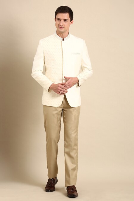 Mayank Modi - Men Off White Silk Banaras Embroidered Bead Bandhgala 