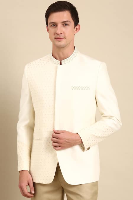 Mayank Modi - Men_Off White Silk Beads Banaras Embroidered Bandhgala For Kids_Online_at_Aza_Fashions