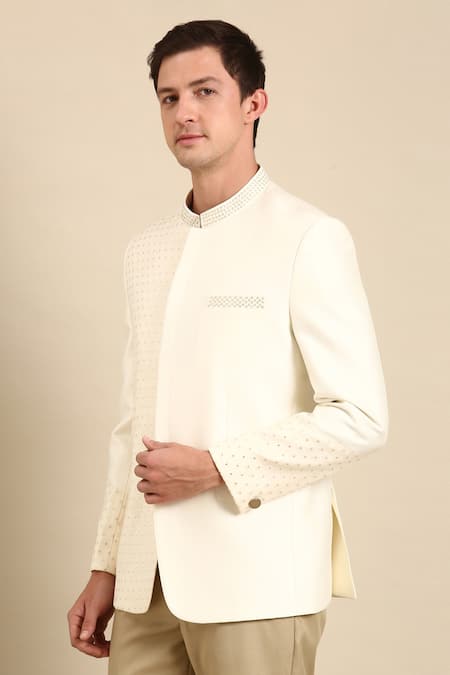 Shop_Mayank Modi - Men_Off White Silk Beads Banaras Embroidered Bandhgala For Kids_Online_at_Aza_Fashions