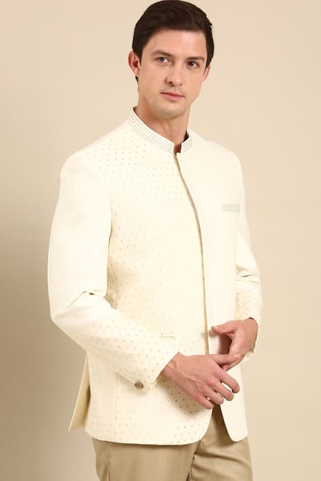 Mayank Modi - Men_Off White Silk Beads Banaras Embroidered Bandhgala For Kids_at_Aza_Fashions