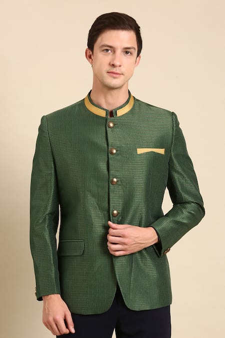 Mayank Modi - Men_Green Kota Doria Chanderi Textured Bandhgala For Kids_Online_at_Aza_Fashions