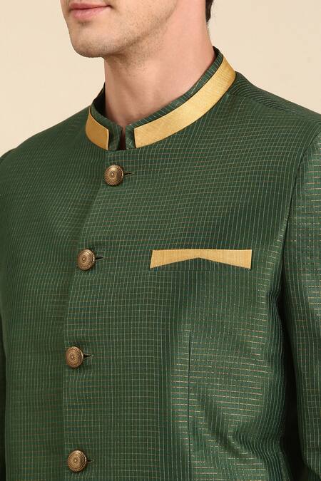 Buy_Mayank Modi - Men_Green Kota Doria Chanderi Textured Bandhgala For Kids_Online_at_Aza_Fashions