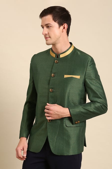 Shop_Mayank Modi - Men_Green Kota Doria Chanderi Textured Bandhgala For Kids_Online_at_Aza_Fashions