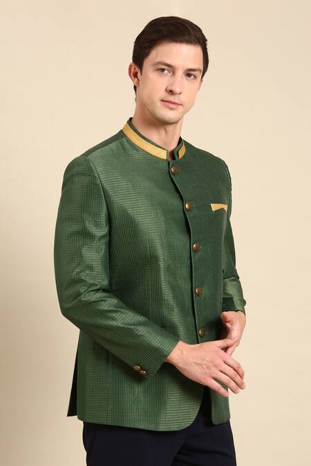 Mayank Modi - Men_Green Kota Doria Chanderi Textured Bandhgala For Kids_at_Aza_Fashions