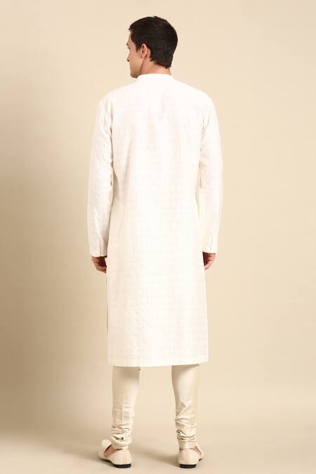 Shop Mayank Modi - Men Ivory Silk, Jacquard Kurta Churidar Set at Aza Fashions Shop_Mayank Modi - Men_Ivory Silk, Jacquard Kurta Churidar Set_at_Aza_Fashions