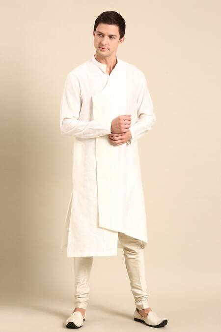 Shop Mayank Modi - Men Ivory Silk, Jacquard Kurta Churidar Set Online at Aza Fashions Shop_Mayank Modi - Men_Ivory Silk, Jacquard Kurta Churidar Set_Online_at_Aza_Fashions
