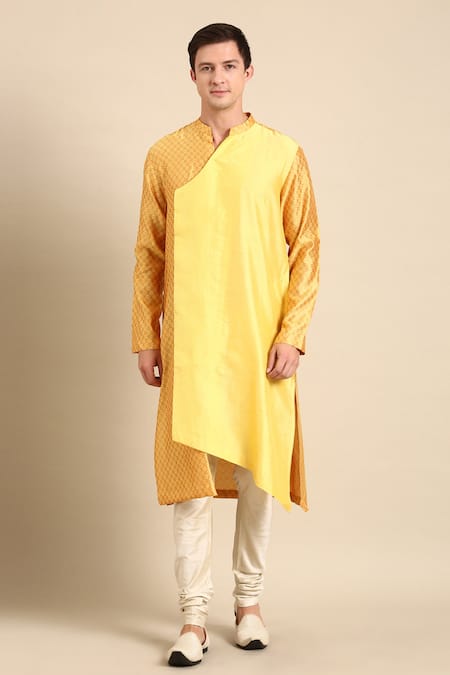 Mayank Modi - Men Yellow Silk Jacquard Overlap Kurta And Churidar Set