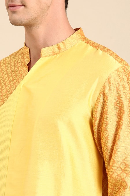 Mayank Modi - Men Yellow Silk Jacquard Overlap Kurta And Churidar Set Online at Aza Fashions Mayank Modi - Men_Yellow Silk Jacquard Overlap Kurta And Churidar Set _Online_at_Aza_Fashions